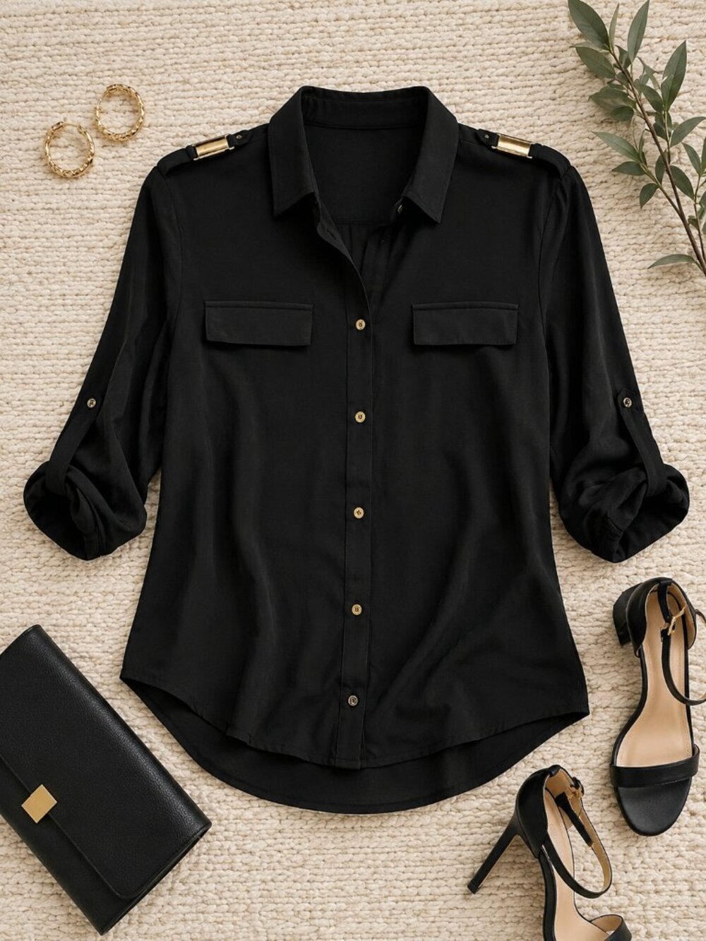 Grace Black Button-Down Oversized Top Size L NWT Classic Collared Blouse